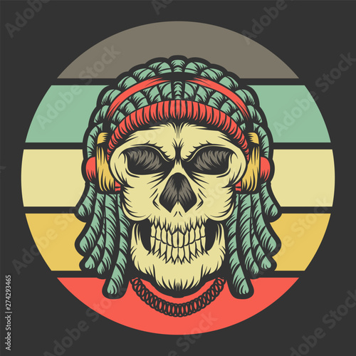 skull dreadlocks headphone retro vector illustration