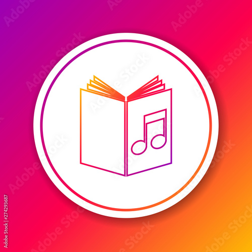 Color line Audio book icon isolated on color background. Musical note with book. Audio guide sign. Online learning concept. Circle white button. Vector Illustration