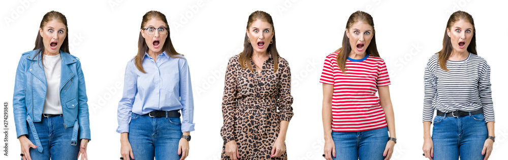 Collage of beautiful middle age woman over isolated background In shock face, looking skeptical and sarcastic, surprised with open mouth Collage of beautiful middle age woman over isolated background In shock face, looking skeptical and sarcastic, surprised with open mouth