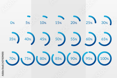 Percentage vector infographic icons. 0 5 10 15 20 25 30 35 40 45 50 55 60 65 70 75 80 85 90 95 100 percent pie chart symbols. Isolated circle signs for download, web design, business, finance