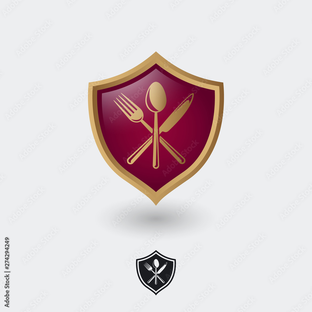 Food logo. Food Point Icon. Breakfast cafe emblem. Knife, fork and spoon on a dark-red glossy heraldic shield. Monochrome option. Food logo. Food Point Icon. Breakfast cafe emblem. Knife, fork and spoon on a dark-red glossy heraldic shield. Monochrome option.