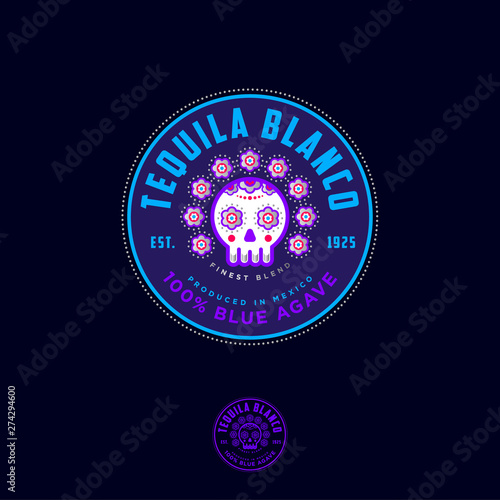Round Tequila Labels. Tequila Blanco /White/ Packaging Design. Lettering Composition And Traditional Skull With Flowers At Day Of All The Dead. 