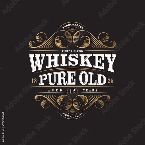 Whiskey Logo. Whiskey Pure Old Label. Premium Packaging Design. Lettering Composition and Curlicues Decorative Elements. Baroque Style.