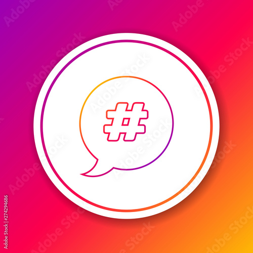 Color line Hashtag speech bubble icon isolated on color background. Concept of number sign, social media marketing, micro blogging. Circle white button. Vector Illustration