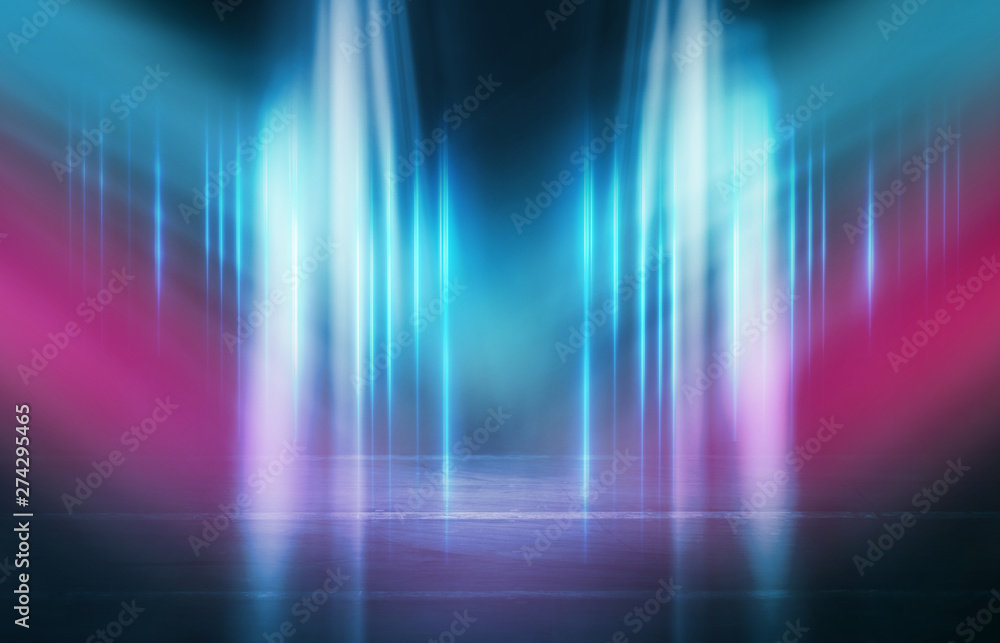 Empty background scene. Dark street reflection on wet asphalt. Rays of neon light in the dark, neon figures, smoke. Background of empty stage show. Abstract dark background.
