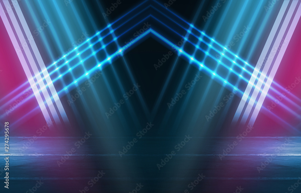 Empty background scene. Dark street reflection on wet asphalt. Rays of neon light in the dark, neon figures, smoke. Background of empty stage show. Abstract dark background. Empty background scene. Dark street reflection on wet asphalt. Rays of neon light in the dark, neon figures, smoke. Background of empty stage show. Abstract dark background.