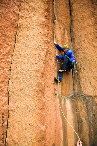 A man leads The Long March 5.10+ at Trout Creek in Oregon. photo