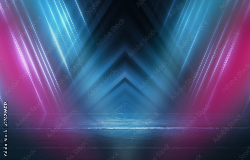 Empty background scene. Dark street reflection on wet asphalt. Rays of neon light in the dark, neon figures, smoke. Background of empty stage show. Abstract dark background. Empty background scene. Dark street reflection on wet asphalt. Rays of neon light in the dark, neon figures, smoke. Background of empty stage show. Abstract dark background.