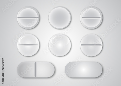 Set of various vector realistic medicinal white pills isolated on gray background.