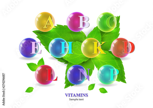 Vitamin complex. Colorful pill capsules. Icon of various vitamins in bright colors of the rainbow. Medical image, creative design.