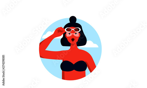 Sunburn vector illustration. Young woman with red skin after tanning without sun protection, holding  sunglasses. Flat female character with dark blue hair. Round illustration.