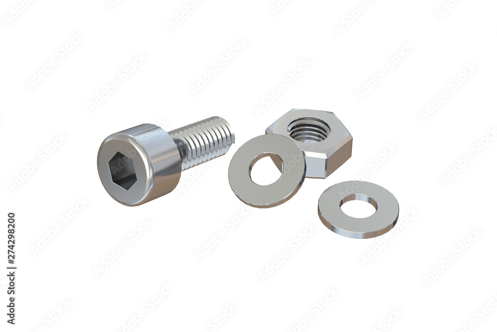 3D illustration. Bolt (hexagon socket head), Nut and Washers isolated on white background. Close up. Furniture hardware and fittings. 3D illustration. Bolt (hexagon socket head), Nut and Washers isolated on white background. Close up. Furniture hardware and fittings.