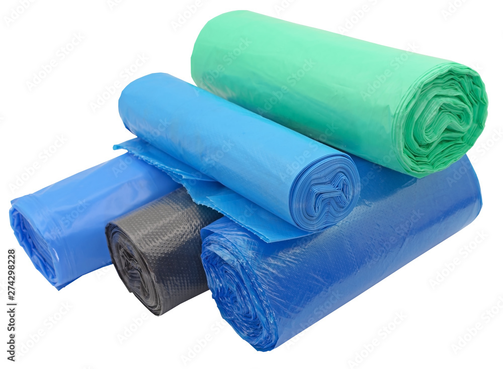 rolls of plastic packages for garbage on white rolls of plastic packages for garbage on white