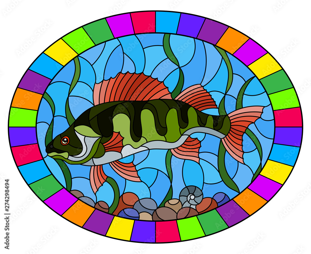 Illustration in stained glass style with a  fish  perch on the background of water and algae, oval image in bright frame
