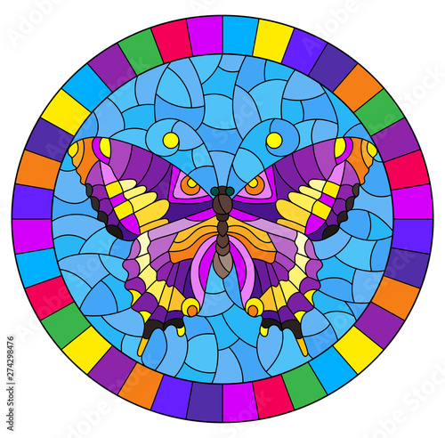 Illustration in stained glass style with bright purple butterfly on blue background, oval picture in bright frame