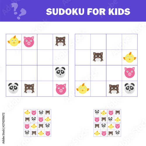 Sudoku for kids. Game for preschool kids, training logic. Puzzle game for children and toddler. Logical thinking training. Animals
