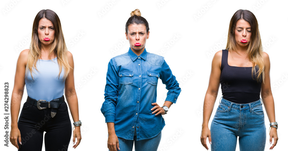 Obraz premium Collage of young beautiful woman over isolated background depressed and worry for distress, crying angry and afraid. Sad expression.