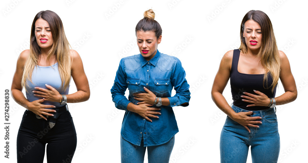 Obraz premium Collage of young beautiful woman over isolated background with hand on stomach because indigestion, painful illness feeling unwell. Ache concept.