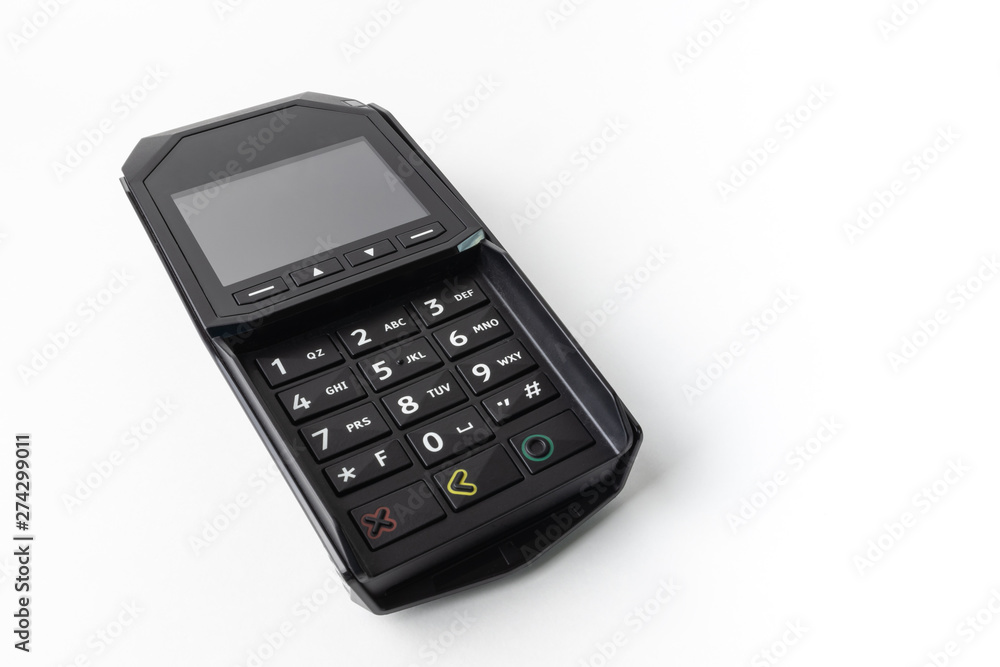 Pos terminal on a white background. Banking equipment. Acquiring. Acceptance of bank credit cards. Contactless payment. NFC. Pos terminal on a white background. Banking equipment. Acquiring. Acceptance of bank credit cards. Contactless payment. NFC.