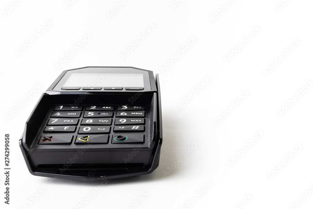 Pos terminal on a white background. Banking equipment. Acquiring. Acceptance of bank credit cards. Contactless payment. NFC. Pos terminal on a white background. Banking equipment. Acquiring. Acceptance of bank credit cards. Contactless payment. NFC.