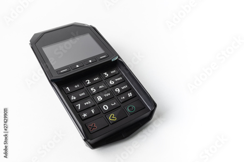Pos terminal on a white background. Banking equipment. Acquiring. Acceptance of bank credit cards. Contactless payment. NFC.