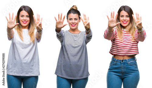 Collage of young beautiful woman over isolated background showing and pointing up with fingers number nine while smiling confident and happy.