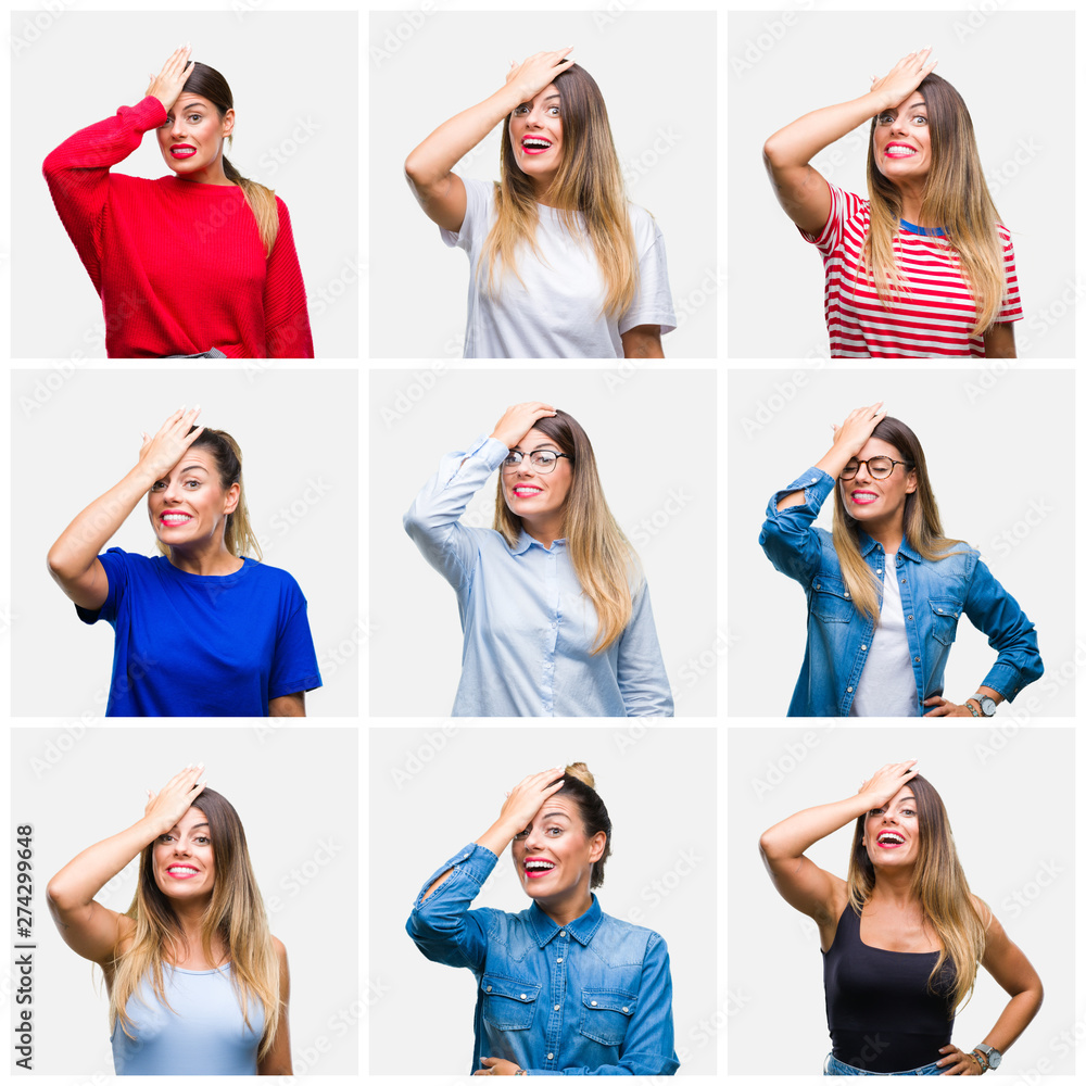 Collage of young beautiful woman over isolated background surprised with hand on head for mistake, remember error. Forgot, bad memory concept. Collage of young beautiful woman over isolated background surprised with hand on head for mistake, remember error. Forgot, bad memory concept.