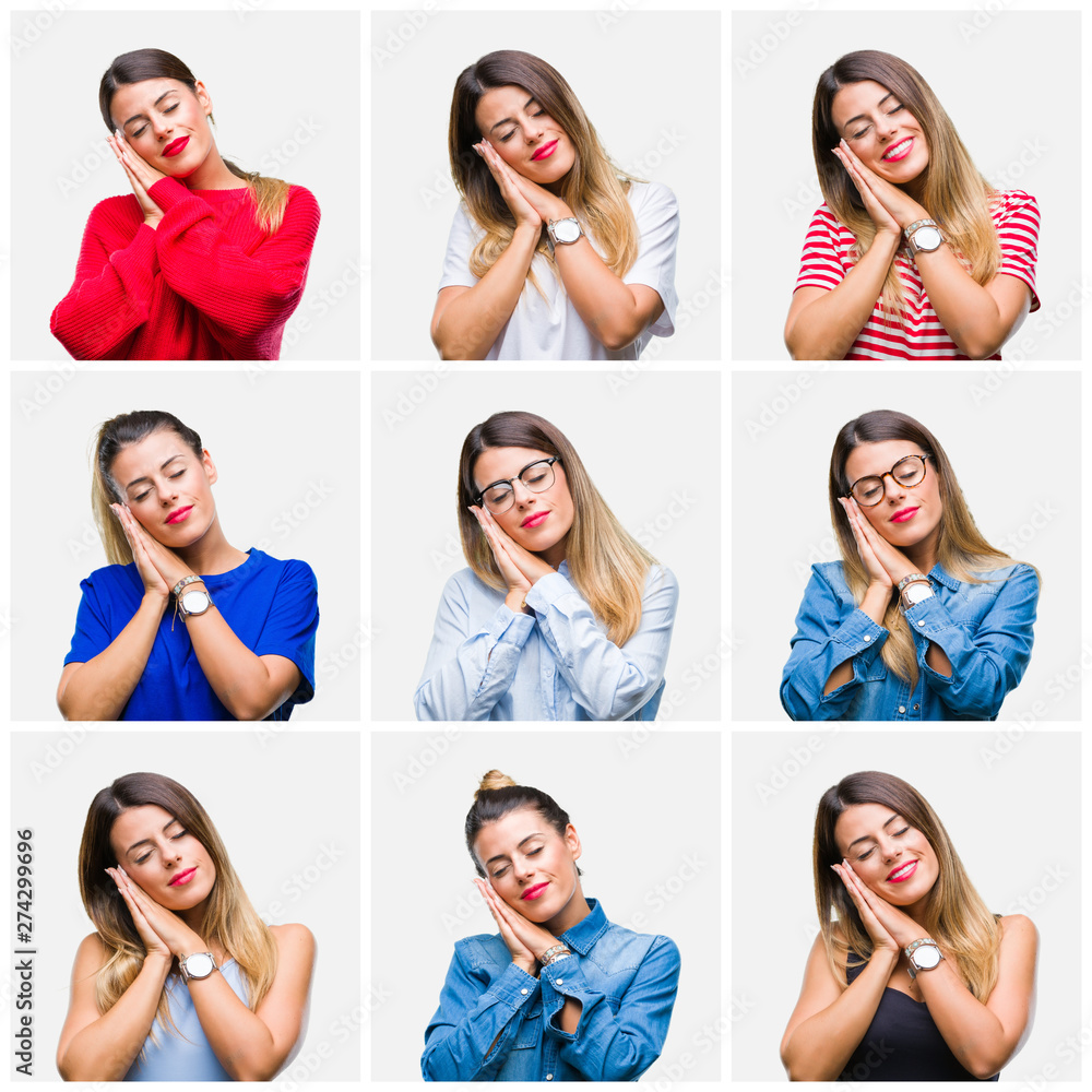 Collage of young beautiful woman over isolated background sleeping tired dreaming and posing with hands together while smiling with closed eyes. Collage of young beautiful woman over isolated background sleeping tired dreaming and posing with hands together while smiling with closed eyes.