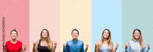 Collage of young beautiful woman over colorful stripes isolated background excited for success with arms raised celebrating victory smiling. Winner concept.