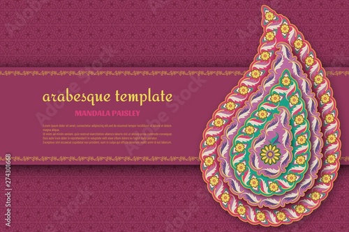 Purple arabesque floral pattern with paisley and mandala. Flower and leaves patterns. Vector illustration.