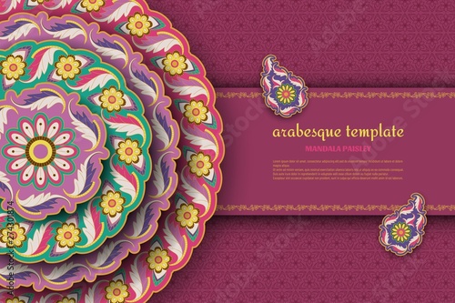 Purple arabesque floral pattern with paisley and mandala. Flower and leaves patterns. Vector illustration.