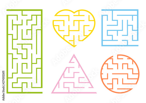 A set of mazes. Game for kids. Puzzle for children. Labirinth conundrum. Cartoon style. Visual worksheets. Riddle for preschool. Activity page. Education developing sheet. Color vector illustration.