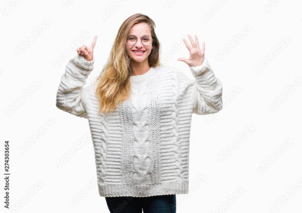 Young beautiful blonde woman wearing winter sweater and sunglasses over isolated background showing and pointing up with fingers number six while smiling confident and happy. Young beautiful blonde woman wearing winter sweater and sunglasses over isolated background showing and pointing up with fingers number six while smiling confident and happy.