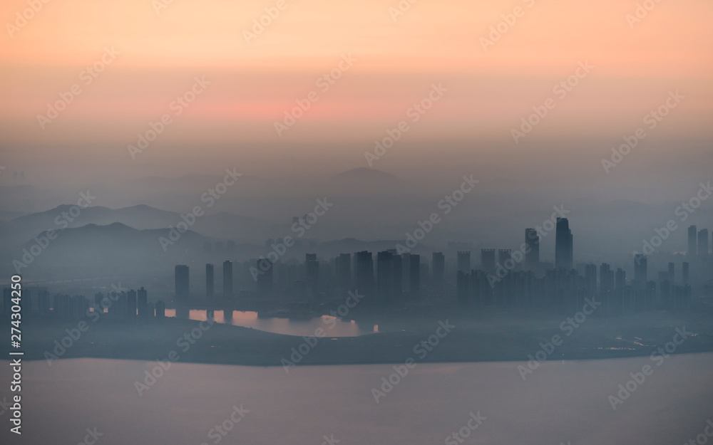 Aerial view of future city Songdo near Seoul - foggy sunrise