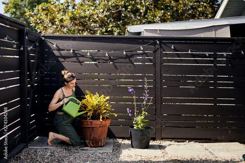 Woman watering potted plant while kneeling by fence at backyard photo