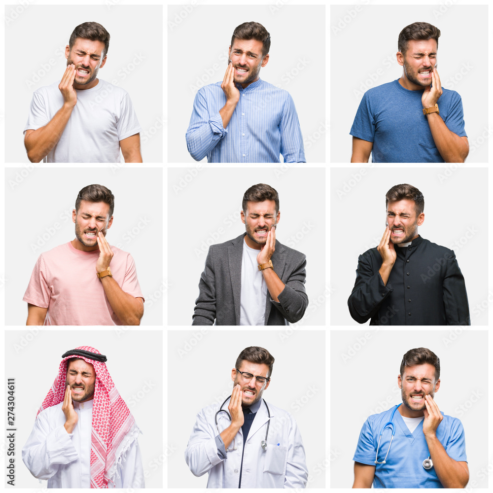 Fototapeta premium Collage of young doctor arab business man isolated background touching mouth with hand with painful expression because of toothache or dental illness on teeth. Dentist concept.