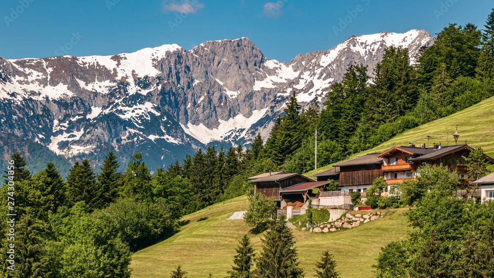 Beautiful alpine view with the famous Wilder Kaiser mountains at Söll - Tyrol - Austria