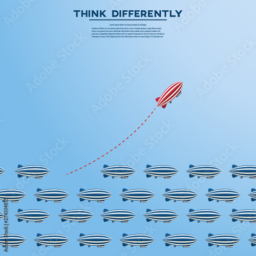 Think differently concept. Be different. Red zeppelin changing direction. New idea, change, trend, courage, creative solution, innovation and unique way concept.