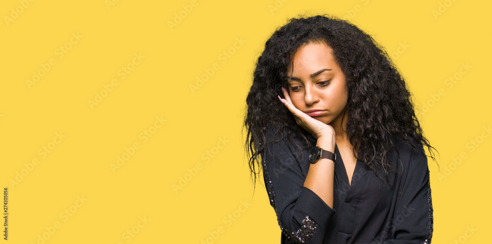 Young beautiful girl with curly hair wearing elegant dress thinking looking tired and bored with depression problems with crossed arms. Young beautiful girl with curly hair wearing elegant dress thinking looking tired and bored with depression problems with crossed arms.