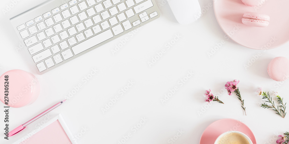 Fashion beauty blogger working space with laptop keyboard, female fashion accessories, flowers, coffee, macaroon and decorations on white background. Flat lay, top view, copy space - obrazy, fototapety, plakaty 