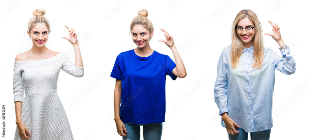 Obraz premium Collage of young beautiful blonde woman over isolated background smiling and confident gesturing with hand doing size sign with fingers while looking and the camera. Measure concept.