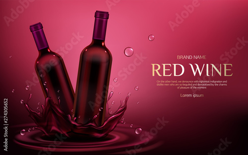 Red wine bottles mockup. Two closed glass blank flasks mock up with alcohol vine drink stand on burgundy liquid splash and drops, advertising promo banner background Realistic 3d vector illustration