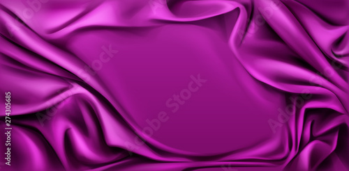 Fuchsia silk draped fabric background. Luxurious folded glossy textile frame with smooth center, cover decoration for promo poster, advertising banner, cover design. Vector 3d realistic illustration