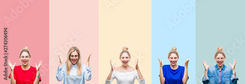 Collage of beautiful blonde woman over colorful stripes isolated background celebrating mad and crazy for success with arms raised and closed eyes screaming excited. Winner concept