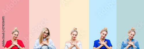 Collage of beautiful blonde woman over colorful stripes isolated background smiling with hands on chest with closed eyes and grateful gesture on face. Health concept.