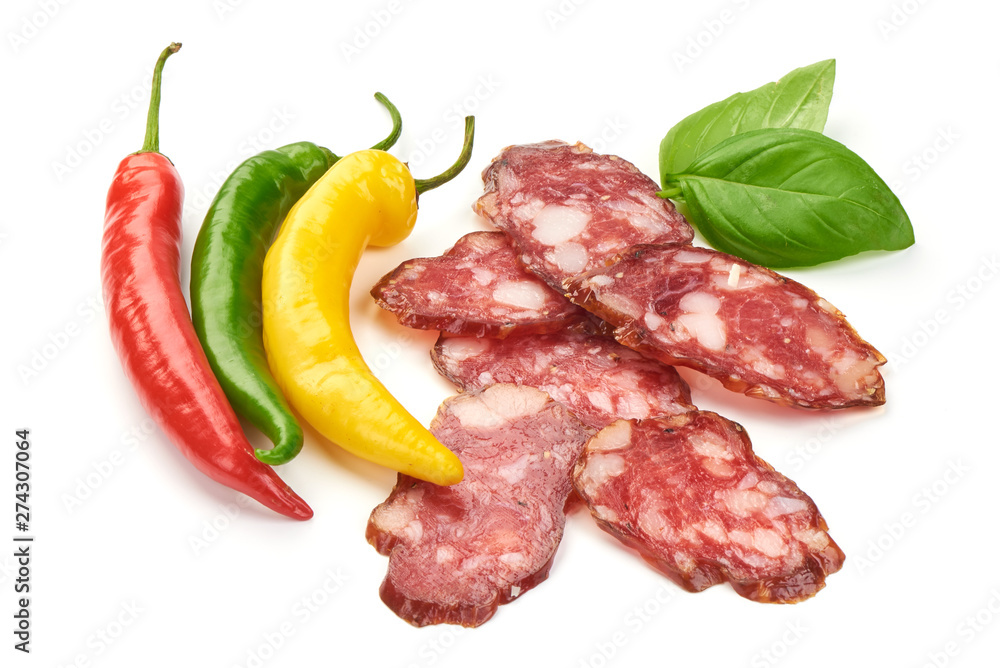 Dried pork sausage slices, traditional smoked meat, close-up, isolated on white background Dried pork sausage slices, traditional smoked meat, close-up, isolated on white background