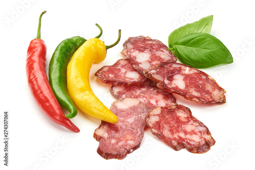 Dried pork sausage slices, traditional smoked meat, close-up, isolated on white background