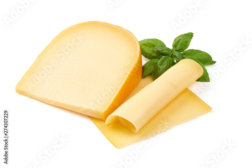 Hard Dutch gouda cheese, close-up, isolated on white background