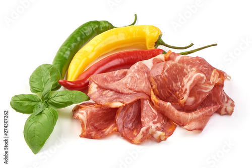 Italian prosciutto crudo or jamon, smoked meat, close-up, isolated on white background