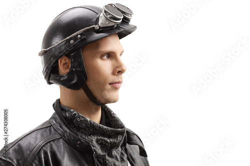 Close-up shot of a biker with a leather helmet © Ljupco Smokovski